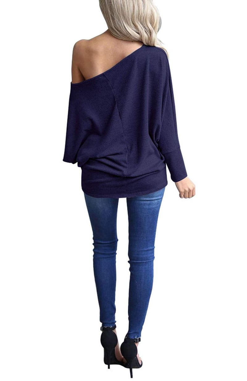 Lacozy Womens Oversized Shirts Off The Shoulder Tops Long Sleeve Pullover Sweater Knit Jumper Navy Blue XXL - Image 4